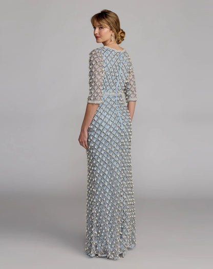 Mac Duggal Blue Pearl Embellished 3/4 Sleeve Gown