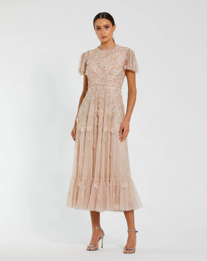 Mac Duggal Light Pink Embellished High Neck Flutter Sleeve A Line Dress