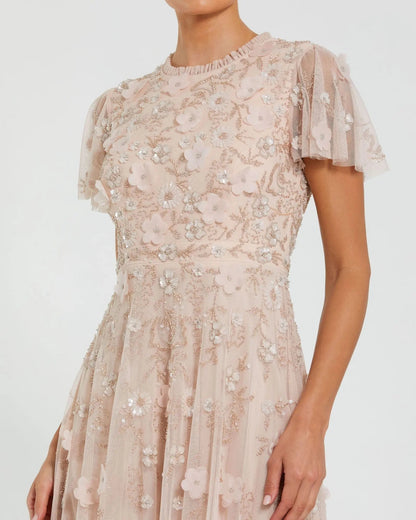 Mac Duggal Light Pink Embellished High Neck Flutter Sleeve A Line Dress