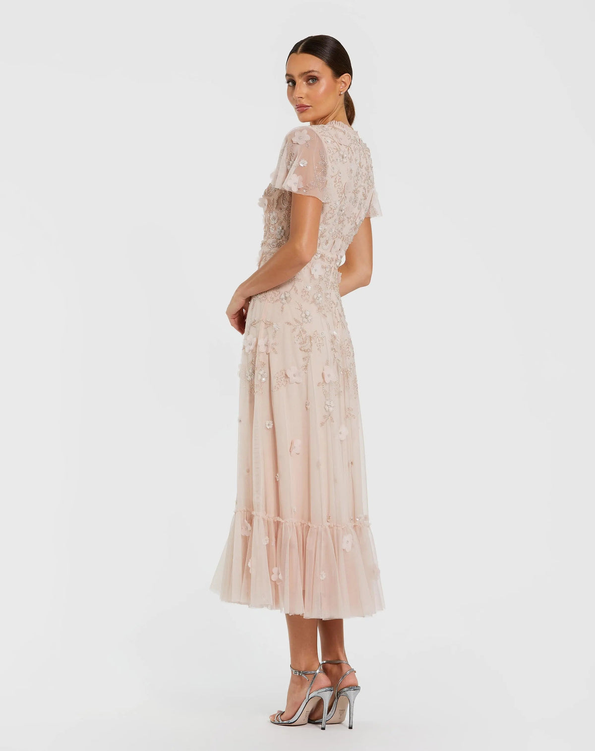 Mac Duggal Light Pink Embellished High Neck Flutter Sleeve A Line Dress