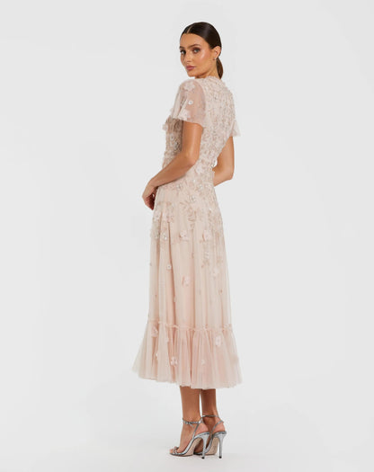 Mac Duggal Light Pink Embellished High Neck Flutter Sleeve A Line Dress