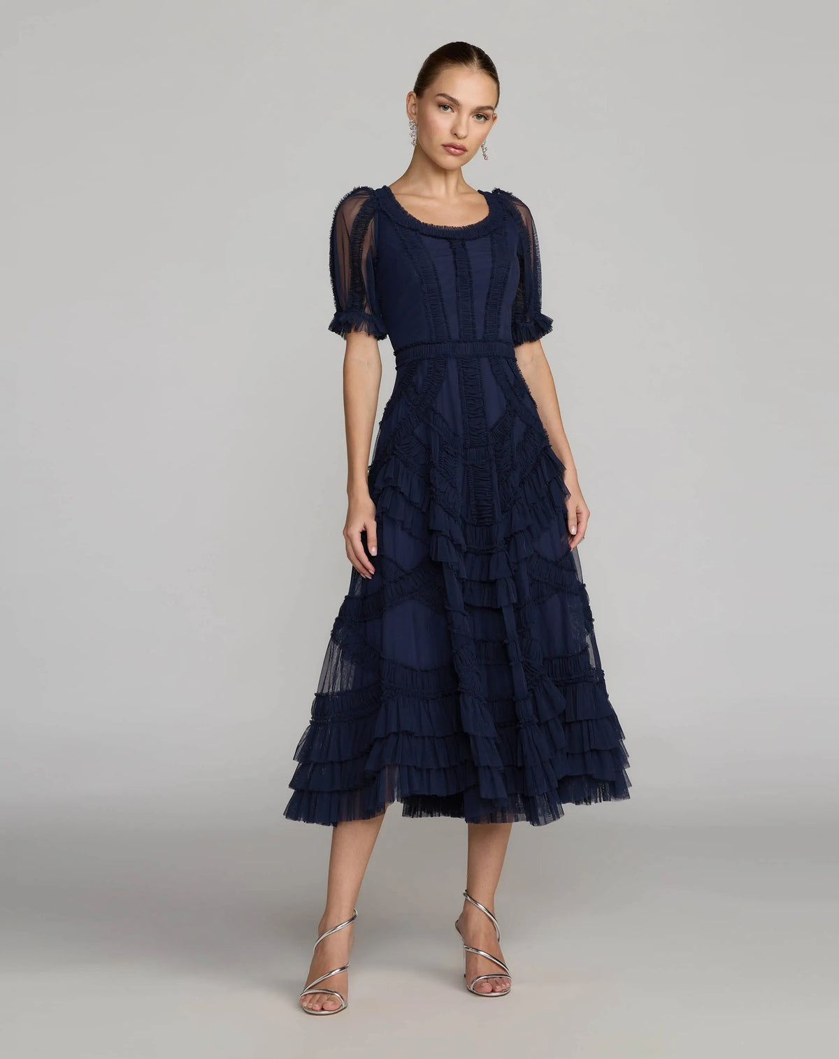 Mac Duggal Navy Short Sleeve Micro Ruffle Midi Dress