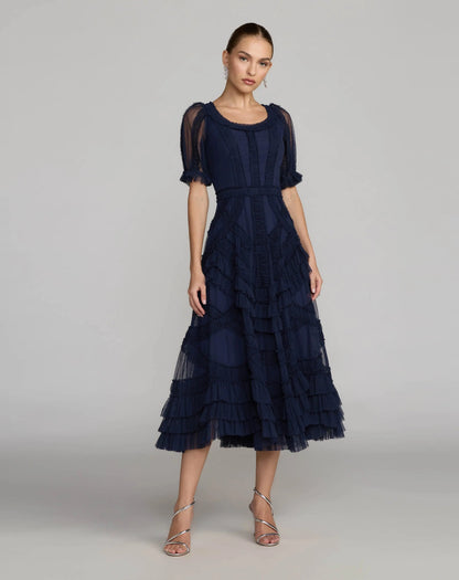 Mac Duggal Navy Short Sleeve Micro Ruffle Midi Dress