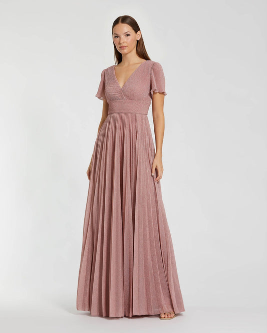 Mac Duggal Pink Pleated Metallic Flutter Sleeve A Line Gown