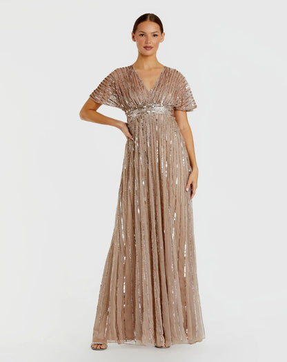 Mac Duggal Beige Embellished Short Sleeve Empire Waist Gown