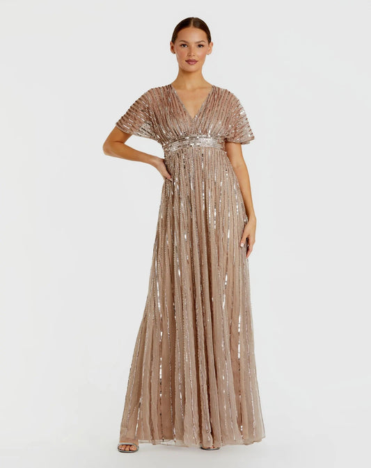 Mac Duggal Beige Embellished Short Sleeve Empire Waist Gown