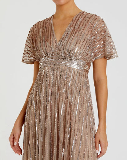Mac Duggal Beige Embellished Short Sleeve Empire Waist Gown