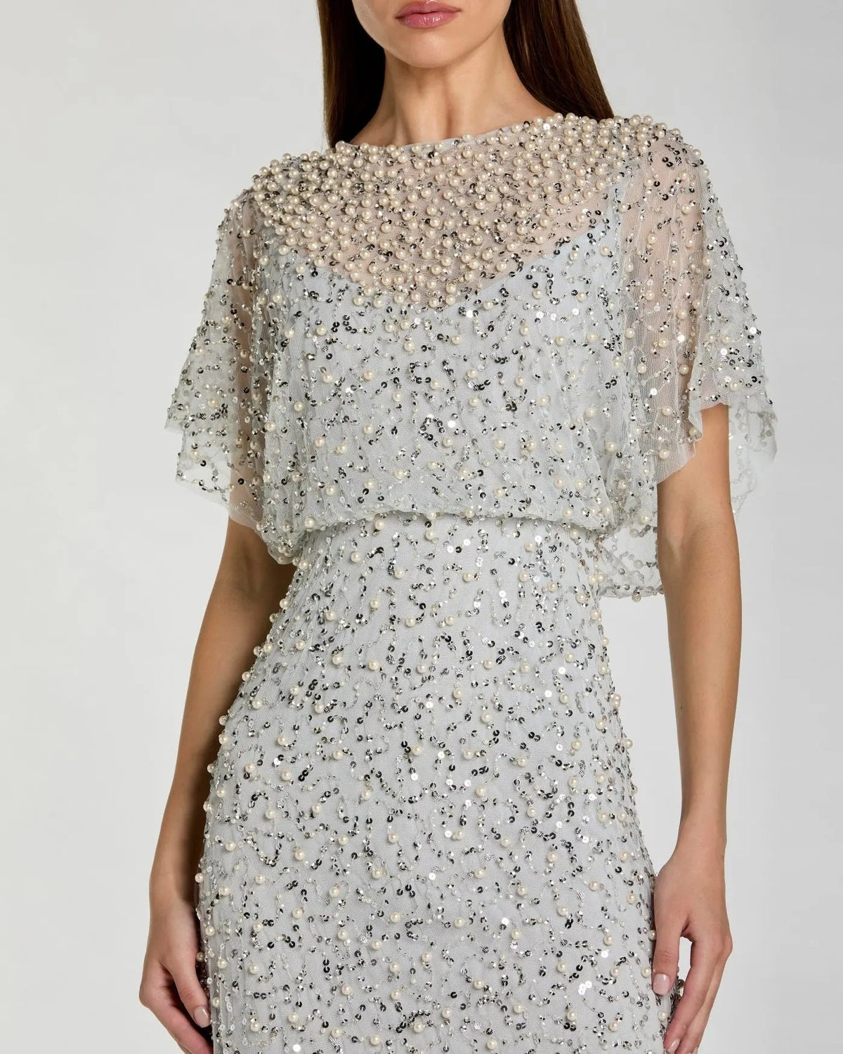 Mac Duggal Blue High Neck Short Sleeve Embellished Gown