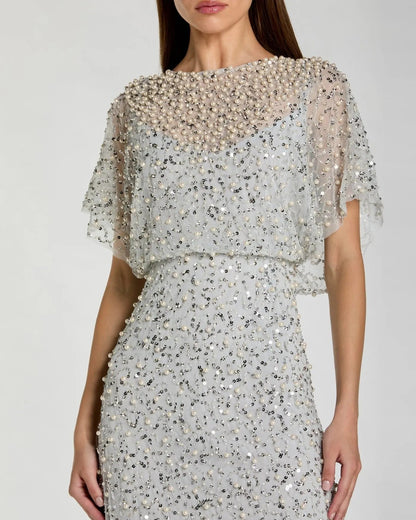 Mac Duggal Blue High Neck Short Sleeve Embellished Gown