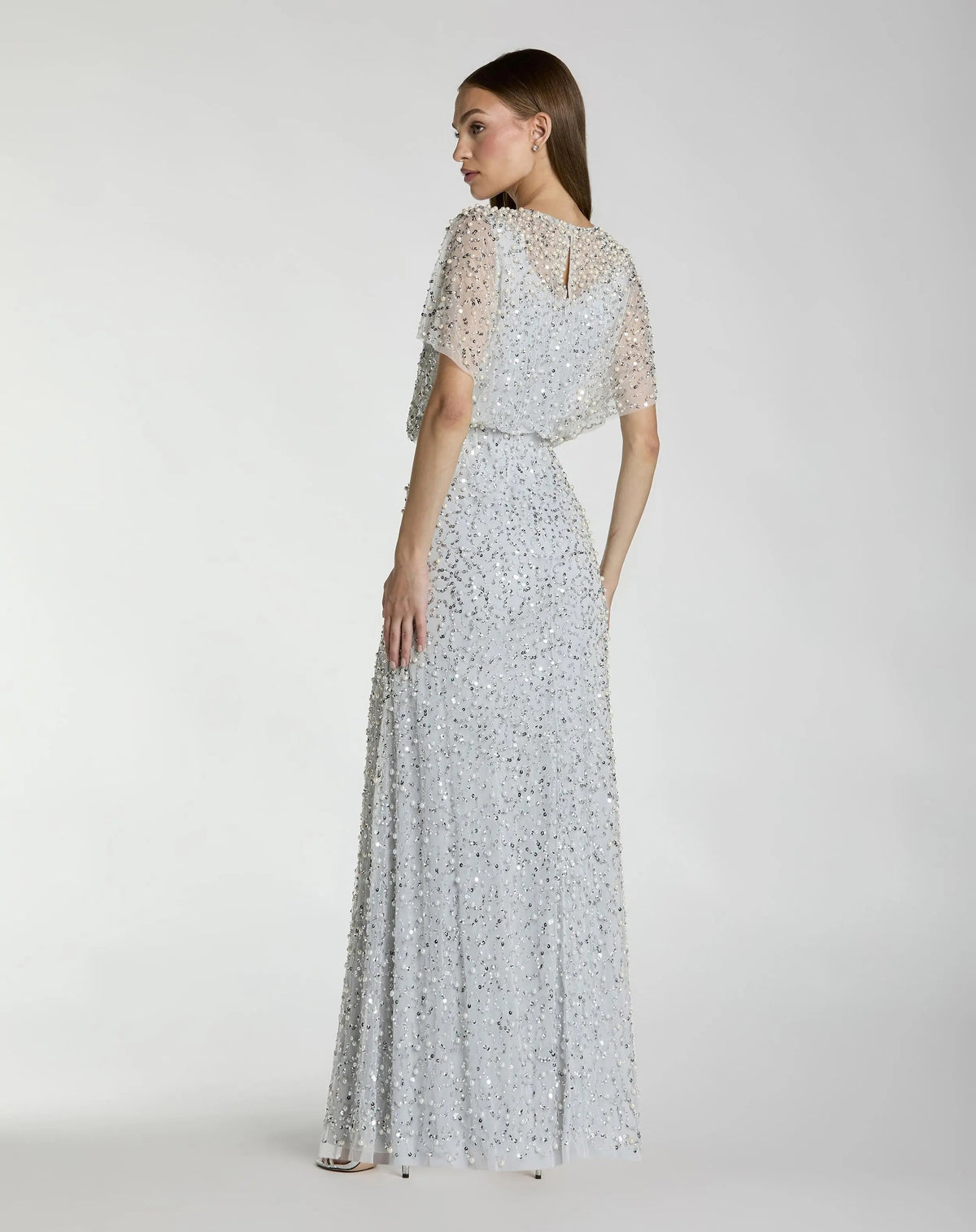 Mac Duggal Blue High Neck Short Sleeve Embellished Gown