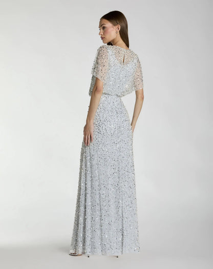 Mac Duggal Blue High Neck Short Sleeve Embellished Gown