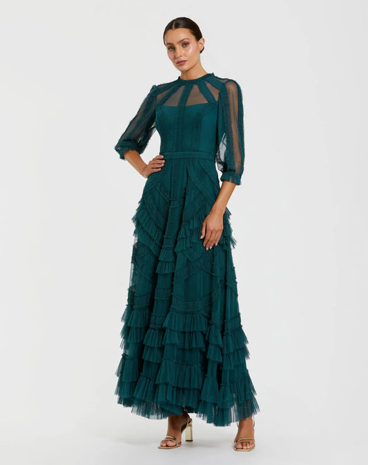 Mac Duggal Teal High Neck Micro Ruffle Dress with 3/4 Puff Sleeves