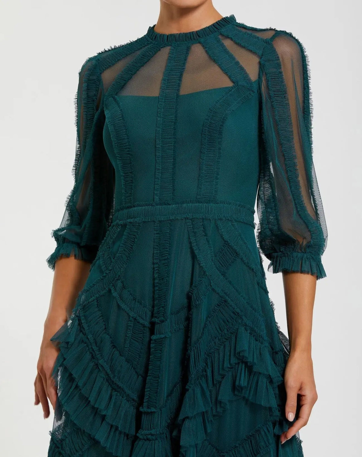 Mac Duggal Teal High Neck Micro Ruffle Dress with 3/4 Puff Sleeves