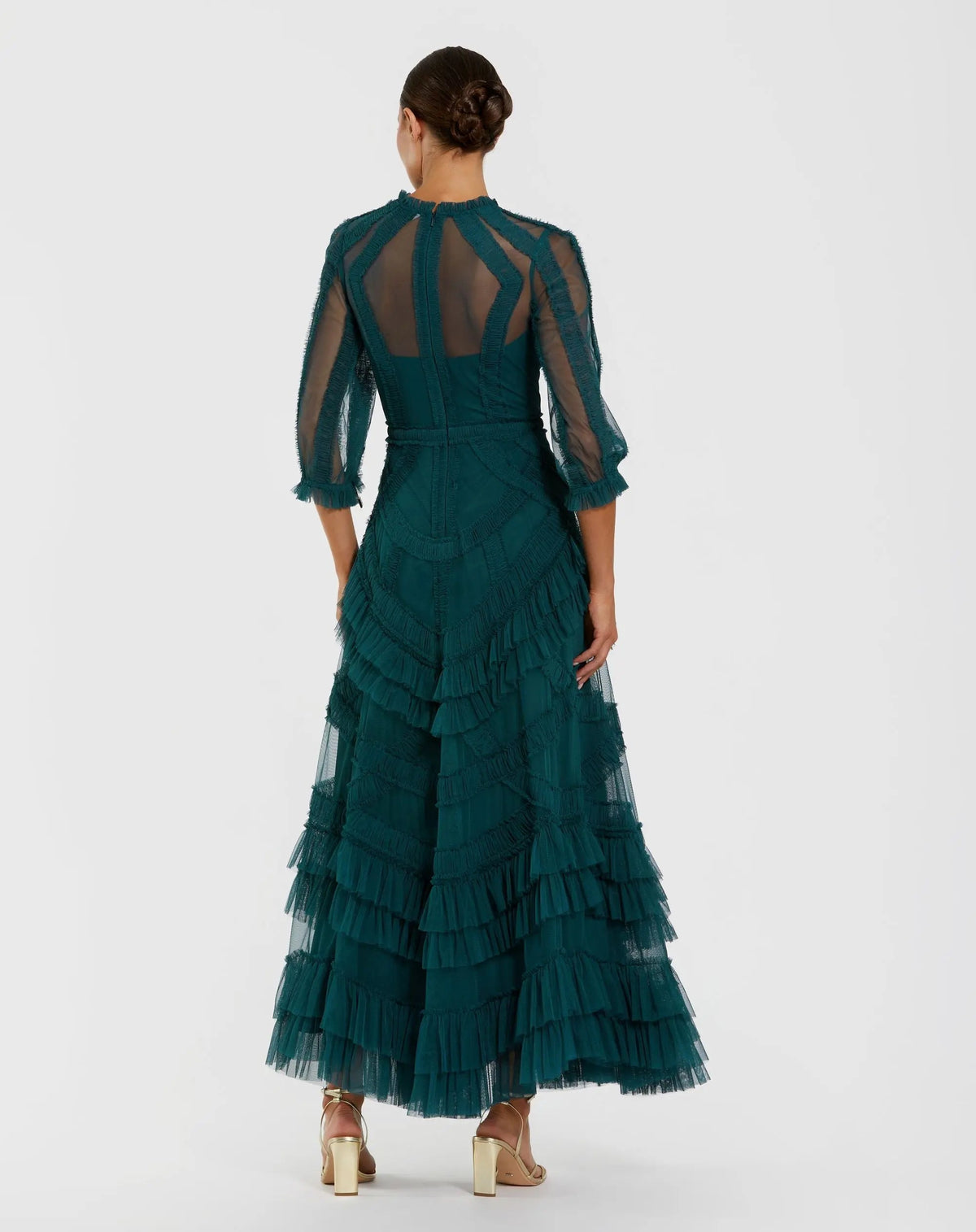 Mac Duggal Teal High Neck Micro Ruffle Dress with 3/4 Puff Sleeves