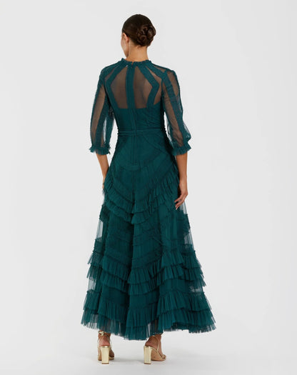 Mac Duggal Teal High Neck Micro Ruffle Dress with 3/4 Puff Sleeves