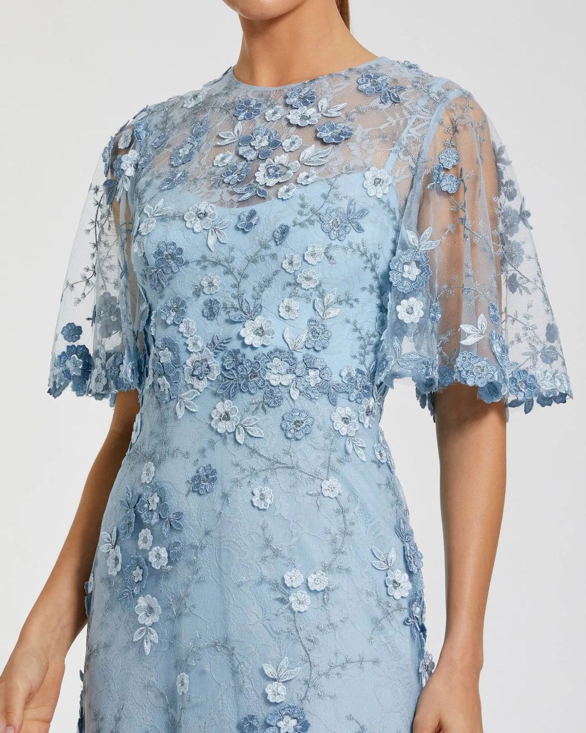 Mac Duggal Blue Flutter Sleeve Floral Embroidered Net Gown