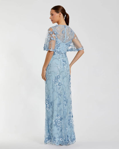 Mac Duggal Blue Flutter Sleeve Floral Embroidered Net Gown