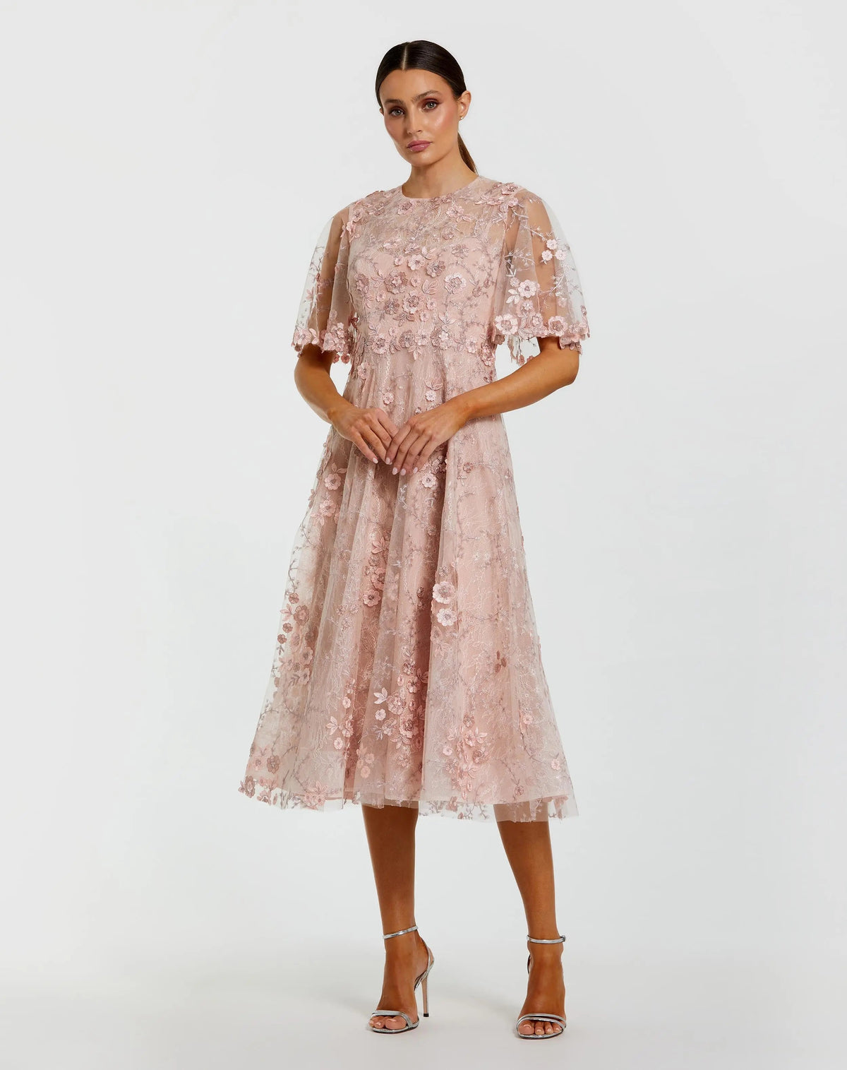 Mac Duggal Pink Flutter Sleeve Embroidered Midi Dress