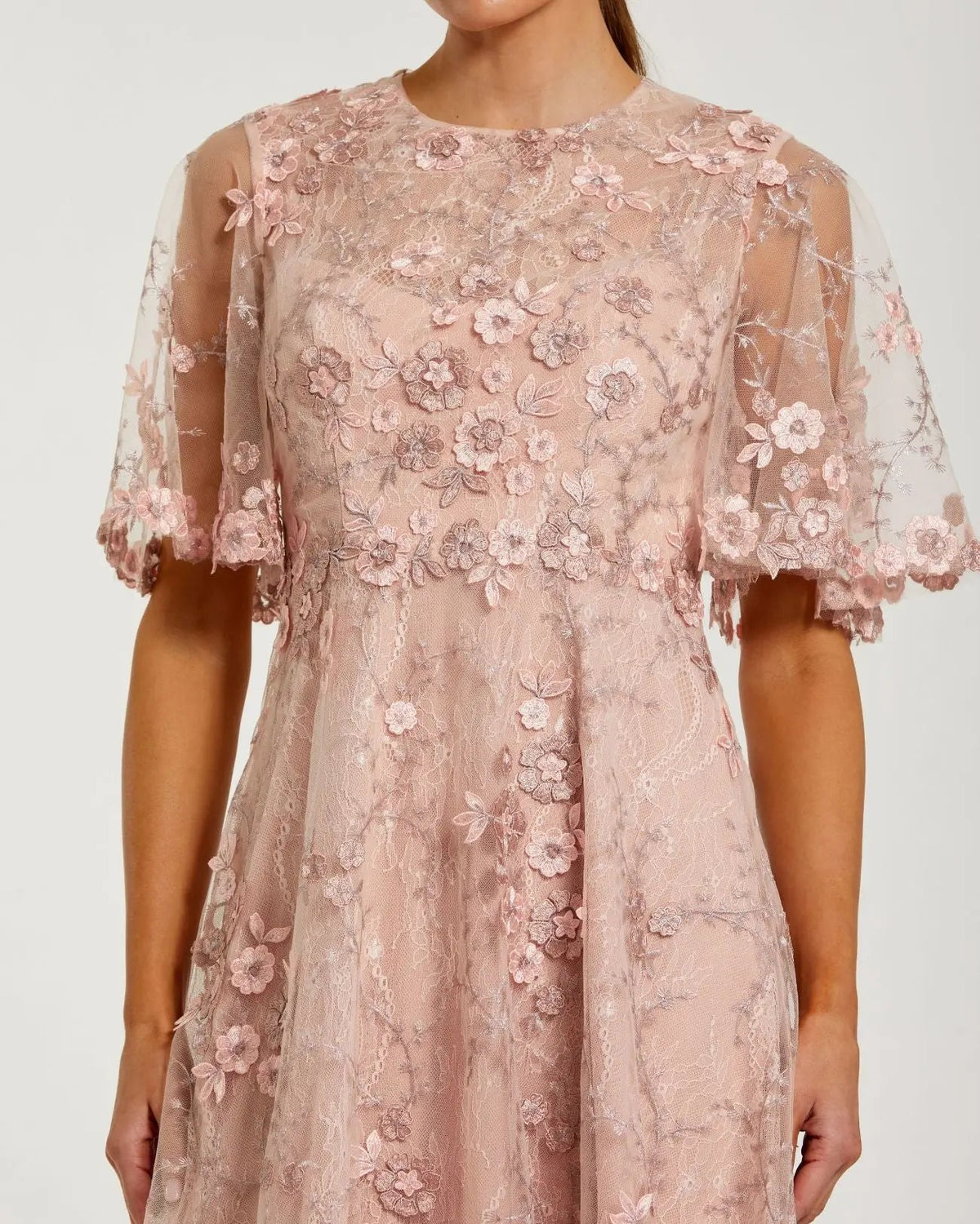 Mac Duggal Pink Flutter Sleeve Embroidered Midi Dress