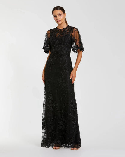 Mac Duggal Black Flutter Sleeve Floral Embroidered Net Gown