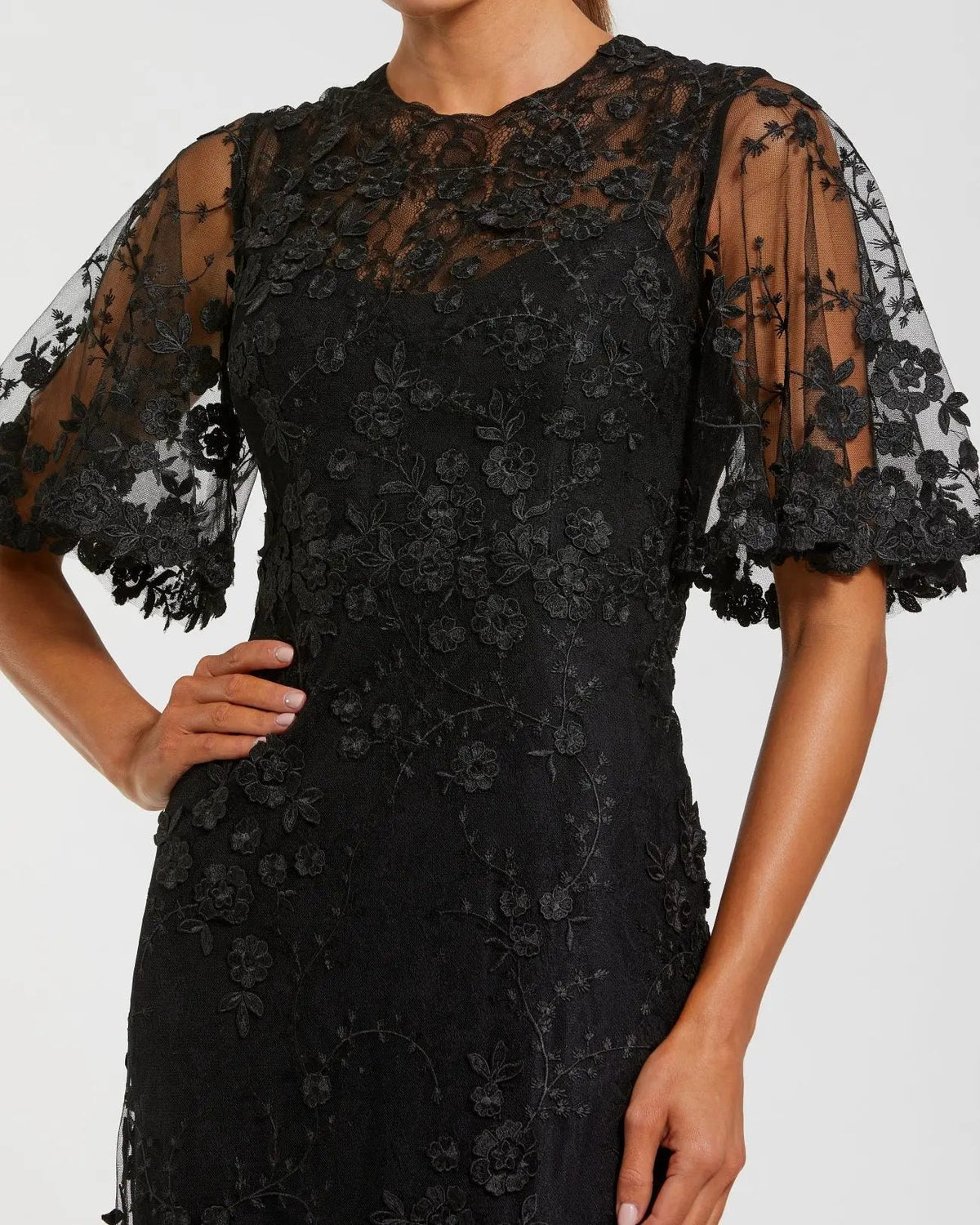 Mac Duggal Black Flutter Sleeve Floral Embroidered Net Gown