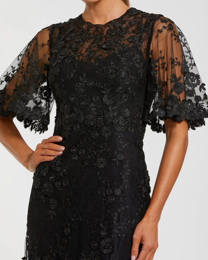 Mac Duggal Black Flutter Sleeve Floral Embroidered Net Gown