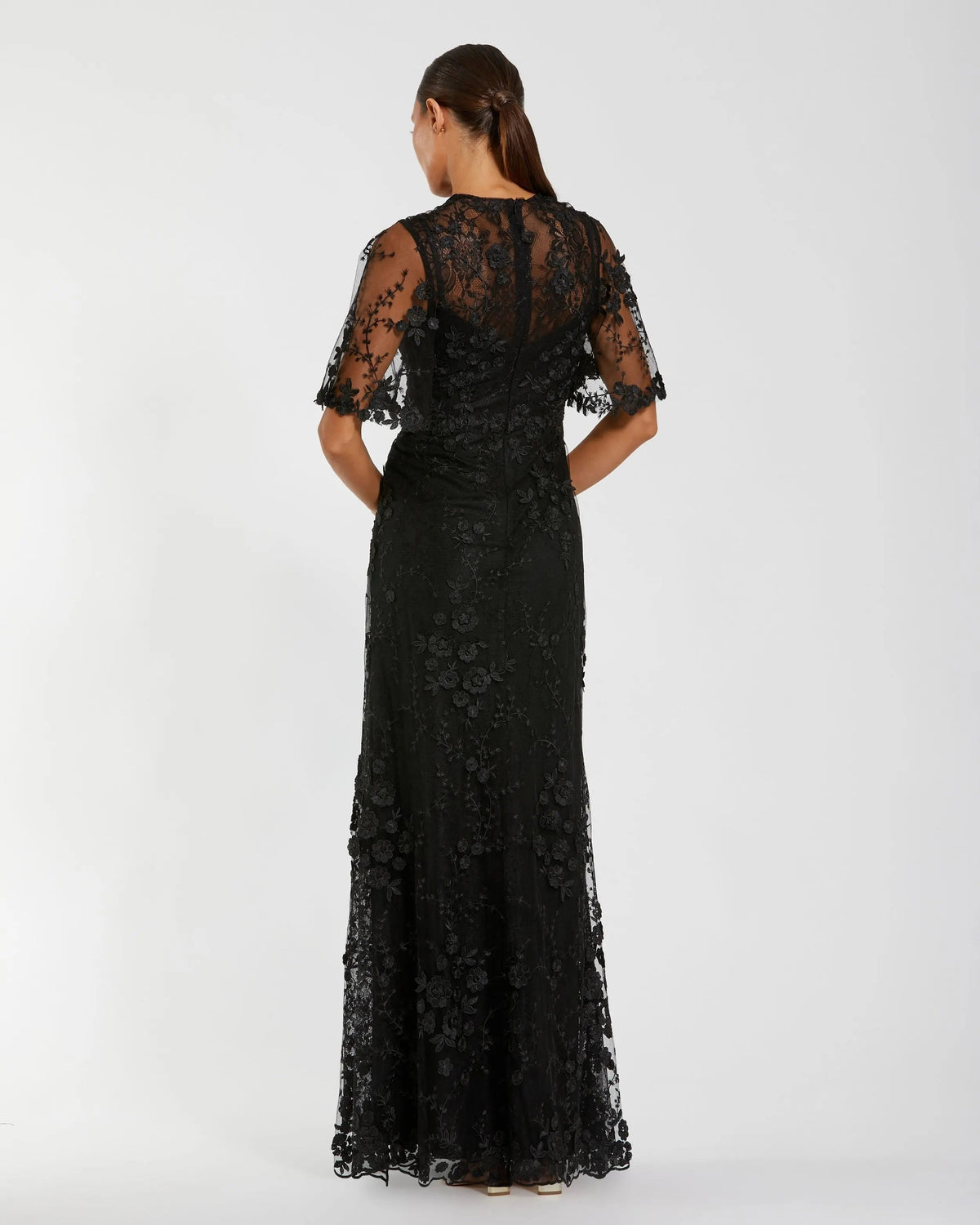 Mac Duggal Black Flutter Sleeve Floral Embroidered Net Gown