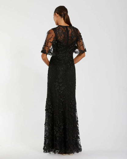 Mac Duggal Black Flutter Sleeve Floral Embroidered Net Gown