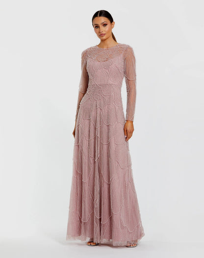 Mac Duggal Pink Beaded High Neck Long Sleeve A Line Gown