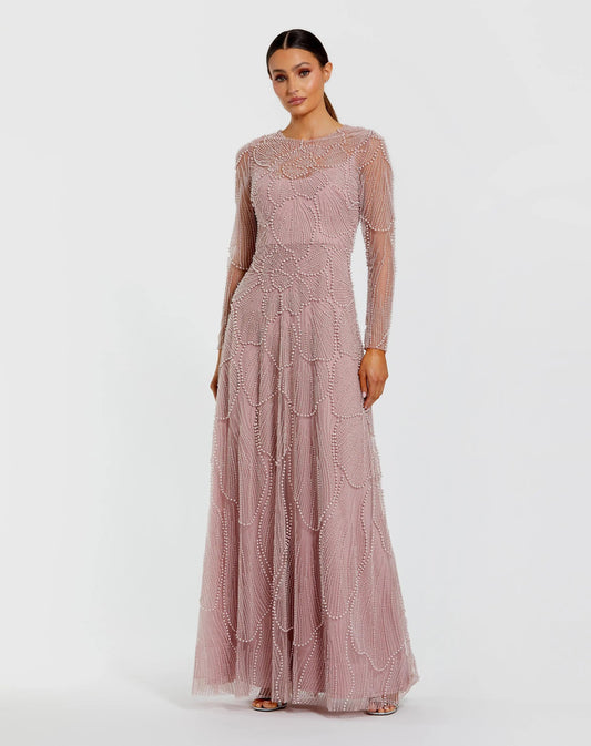 Mac Duggal Pink Beaded High Neck Long Sleeve A Line Gown