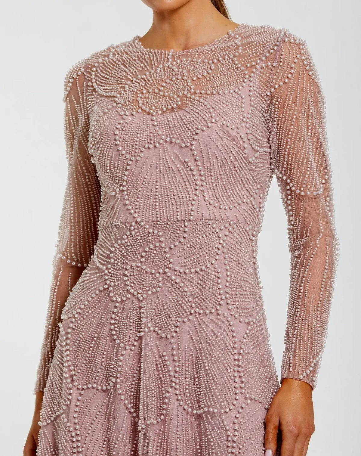Mac Duggal Pink Beaded High Neck Long Sleeve A Line Gown