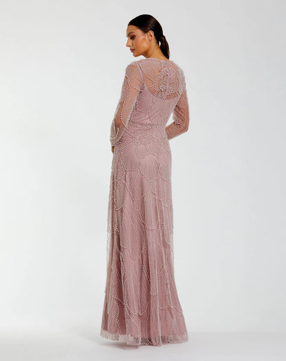 Mac Duggal Pink Beaded High Neck Long Sleeve A Line Gown
