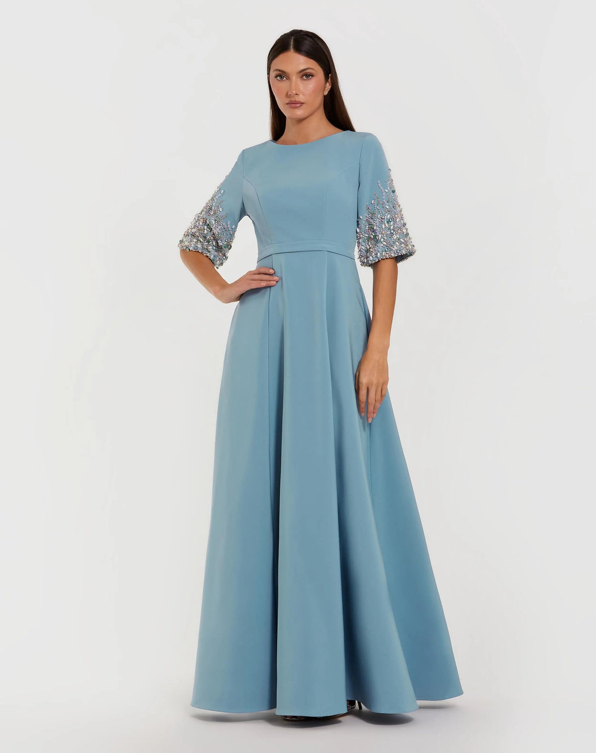 Mac Duggal Blue A-Line Gown With Embellished 3/4 Sleeves