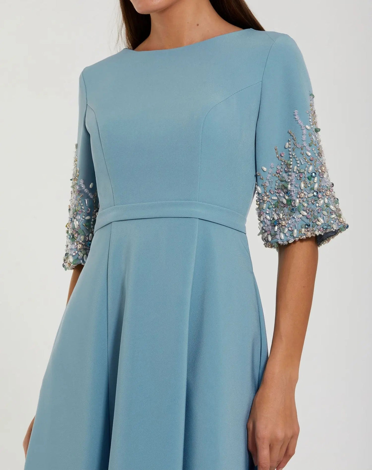 Mac Duggal Blue A-Line Gown With Embellished 3/4 Sleeves