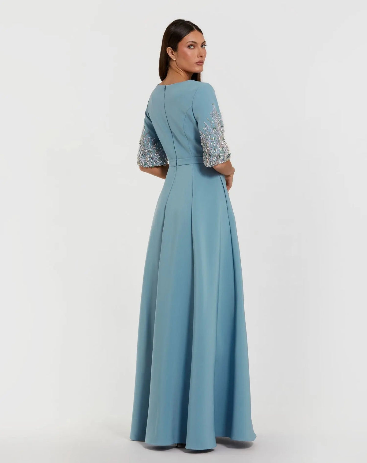 Mac Duggal Blue A-Line Gown With Embellished 3/4 Sleeves