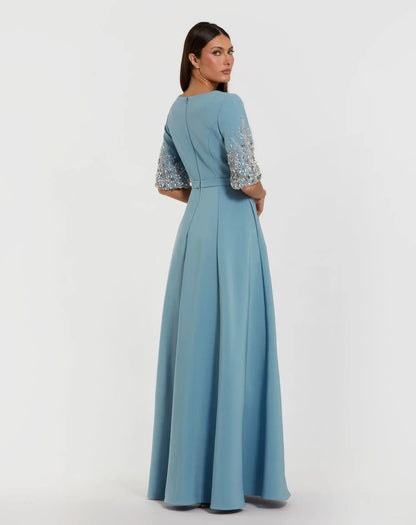 Mac Duggal Blue A-Line Gown With Embellished 3/4 Sleeves