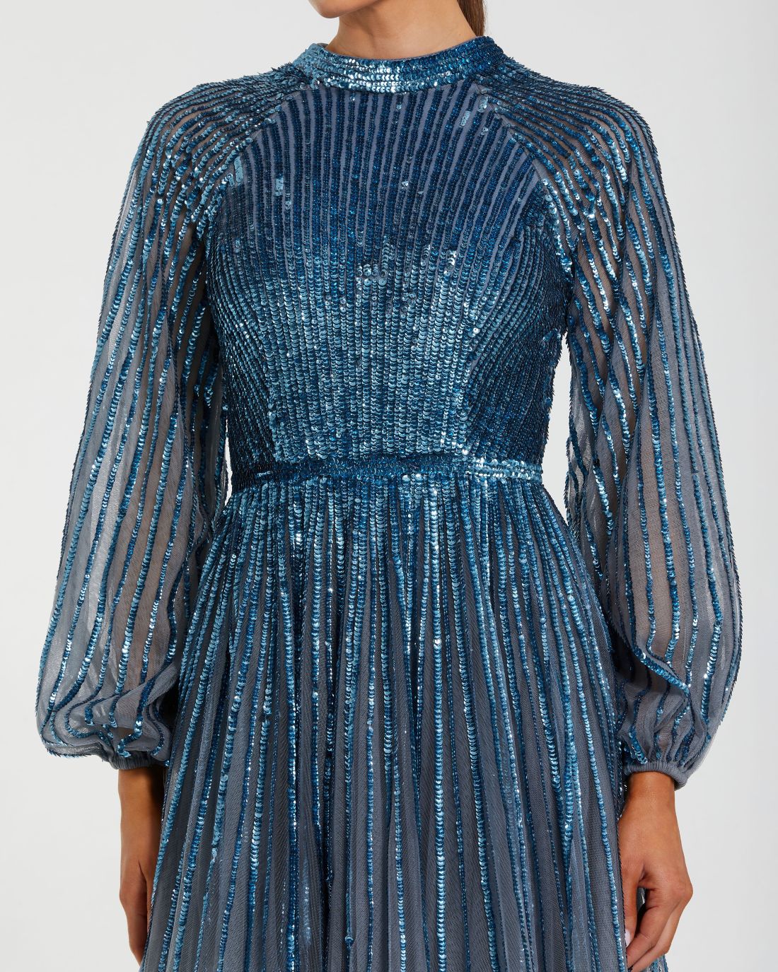 Mac Duggal Blue Ombré Sequin Long Sleeve A-Line Gown