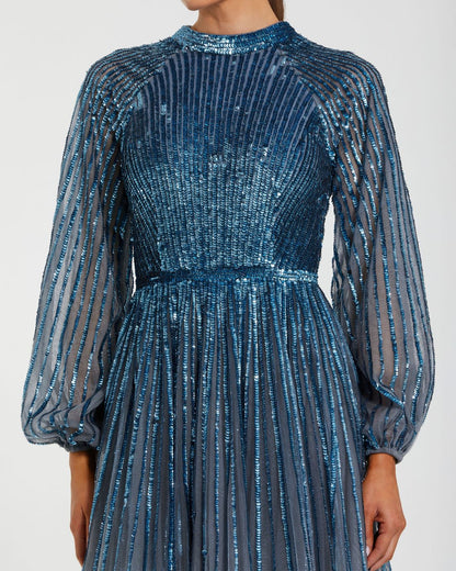 Mac Duggal Blue Ombré Sequin Long Sleeve A-Line Gown