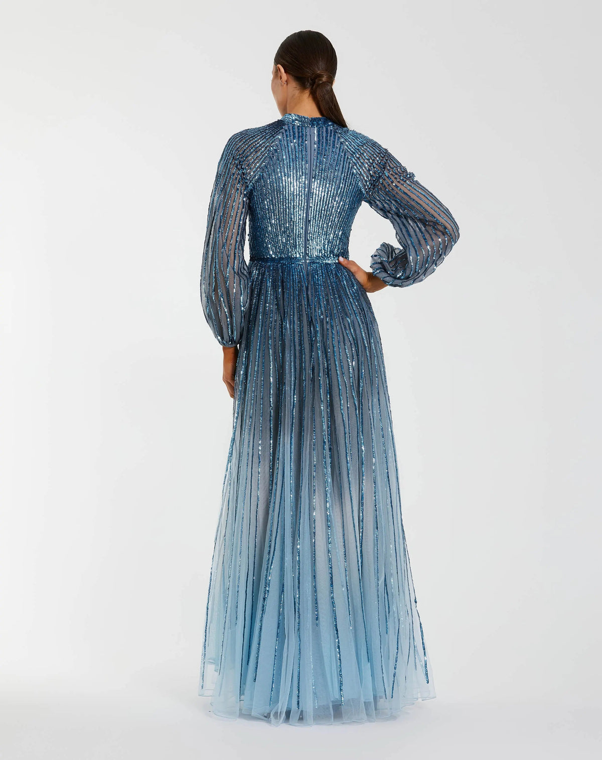 Mac Duggal Blue Ombré Sequin Long Sleeve A-Line Gown
