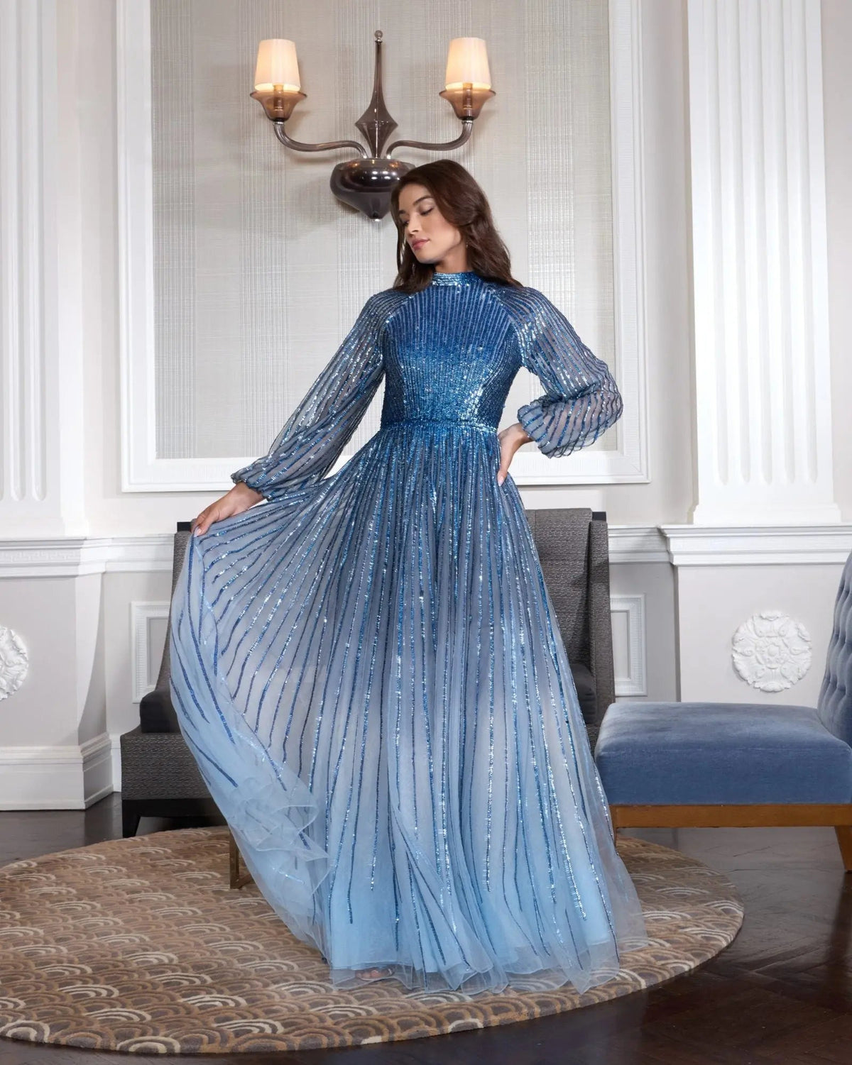 Mac Duggal Blue Ombré Sequin Long Sleeve A-Line Gown