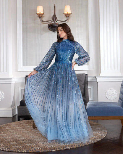 Mac Duggal Blue Ombré Sequin Long Sleeve A-Line Gown