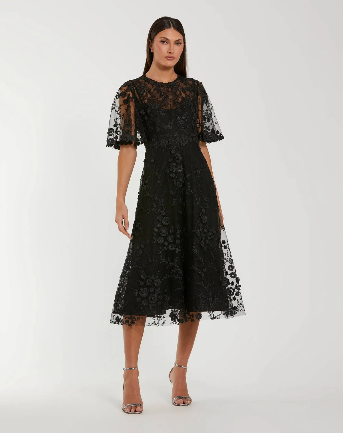 Mac Duggal Black Flutter Sleeve Embroidered Midi Dress
