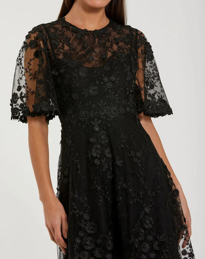 Mac Duggal Black Flutter Sleeve Embroidered Midi Dress