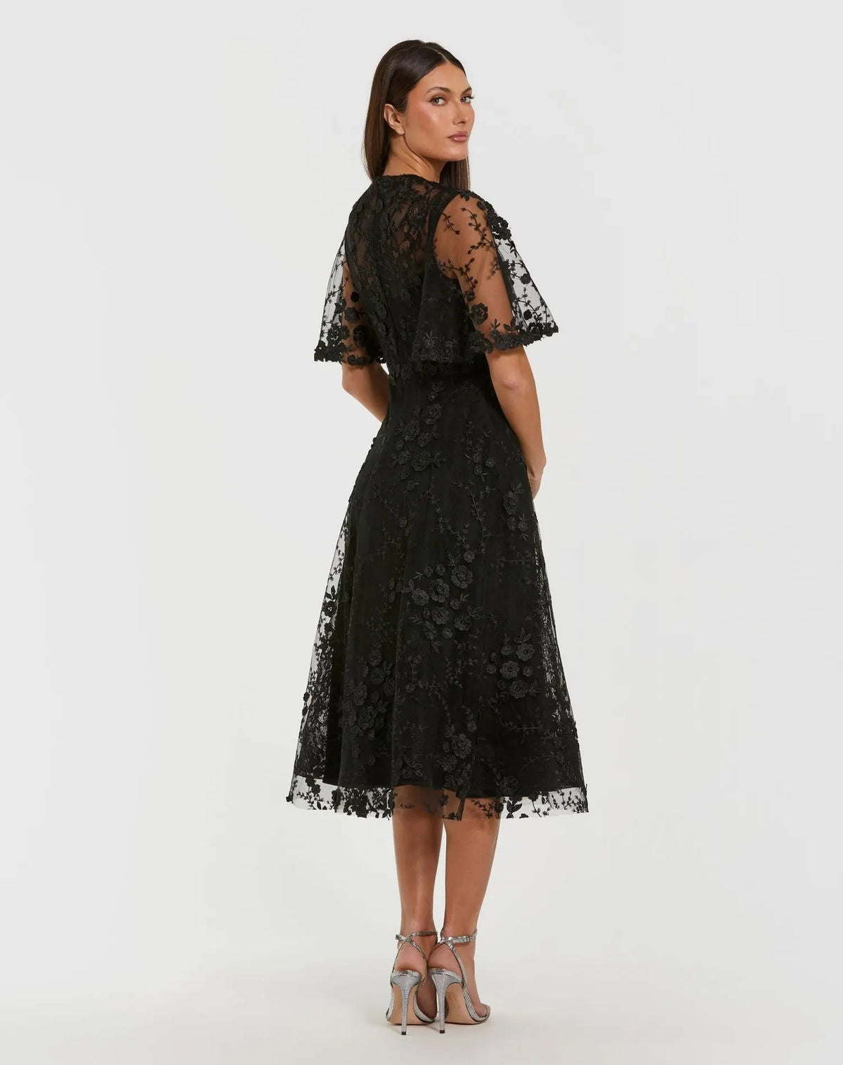 Mac Duggal Black Flutter Sleeve Embroidered Midi Dress