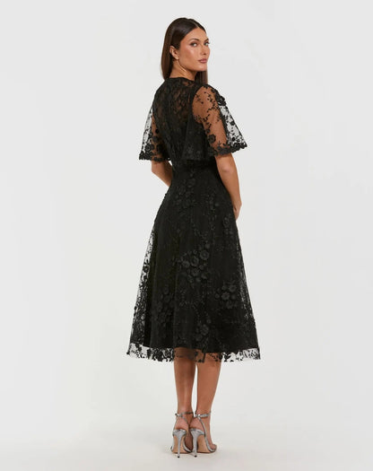 Mac Duggal Black Flutter Sleeve Embroidered Midi Dress