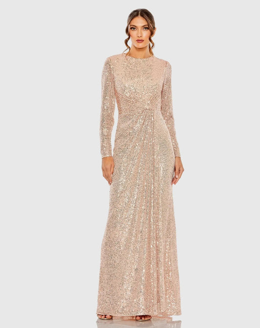 Mac Duggal Light Pink Sequined Side Knot Long Sleeve Gown