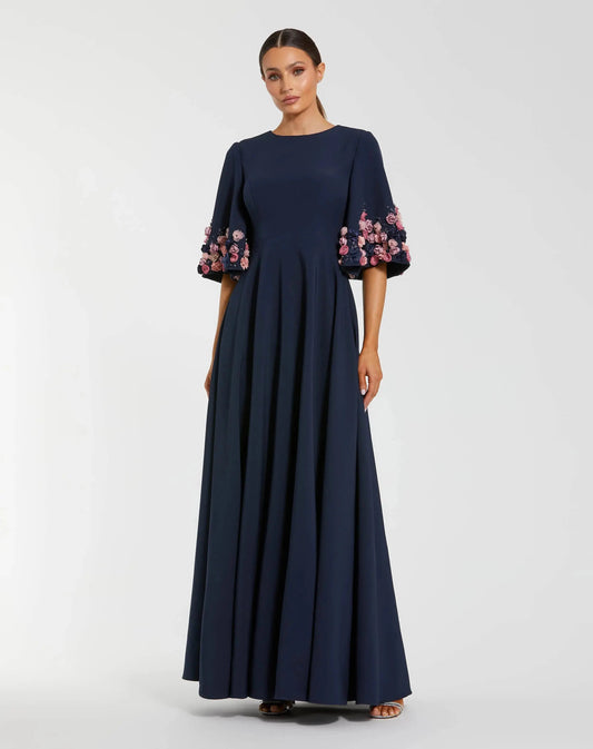 Mac Duggal Navy Crepe 3/4 Sleeve A-line Gown With Flower Trim