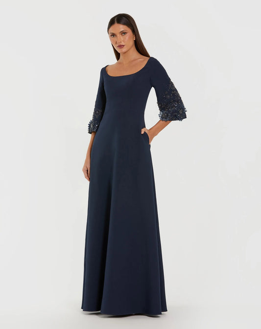 Mac Duggal Navy Crepe Gown With Floral Embellished Sleeves