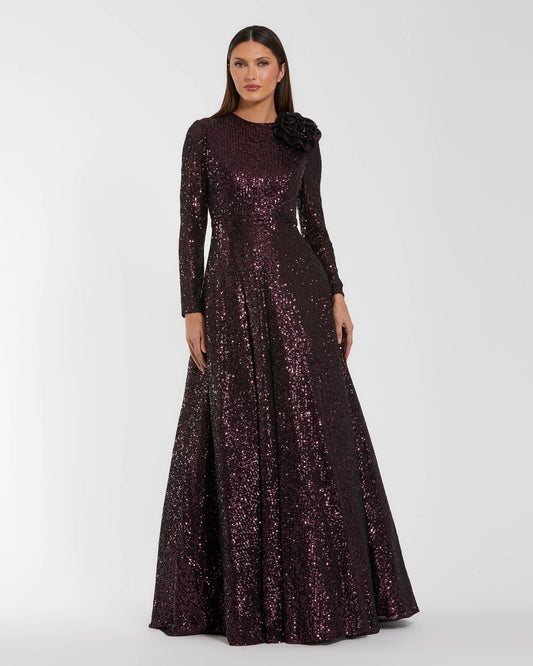 Mac Duggal Dark Purple Long Sleeve Sequin Ball Gown With 3D Flower