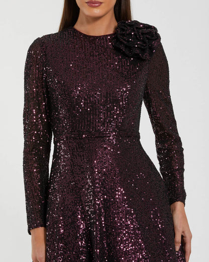 Mac Duggal Dark Purple Long Sleeve Sequin Ball Gown With 3D Flower
